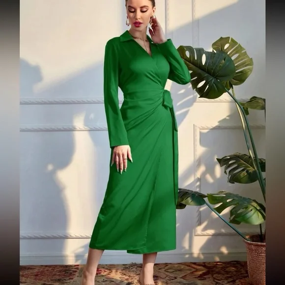 Solid Wrap Tie Side Dress - Picture 5 of 7